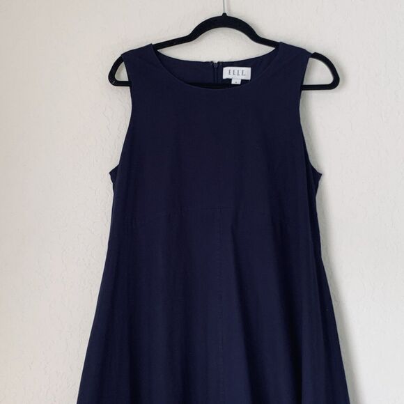 Elle Dress Women 12 Navy Blue Sleeveless Hi Low Hem Cotton Stretch Flowy Nautic - Picture 3 of 11